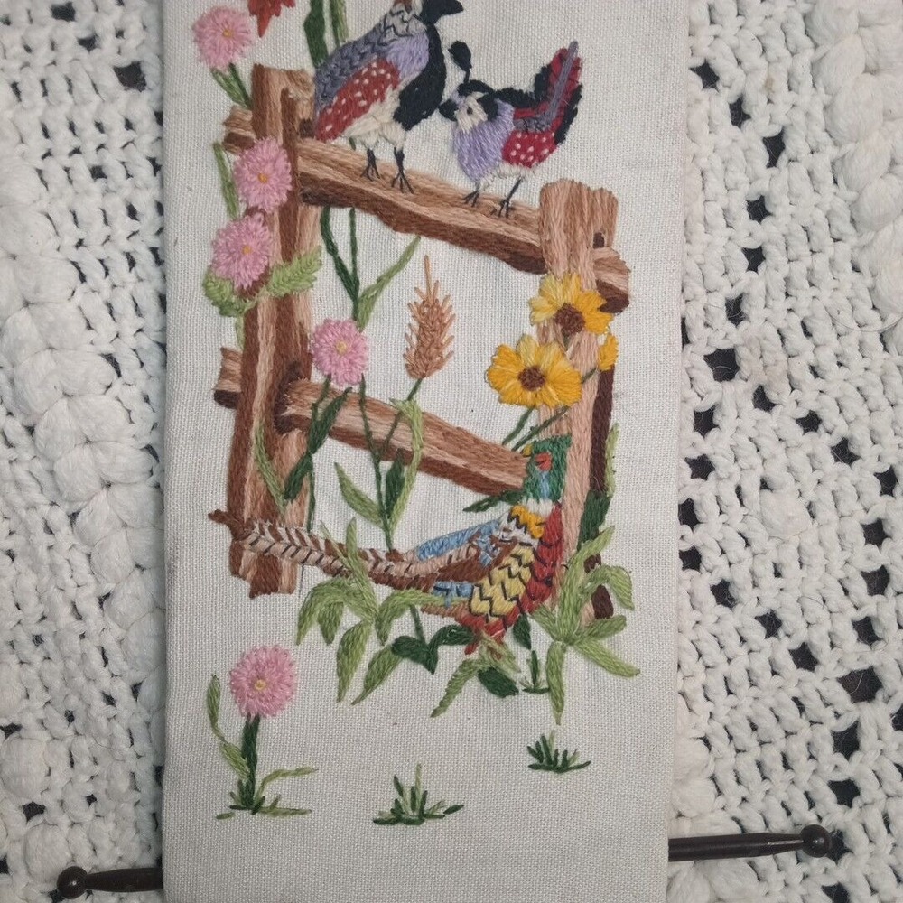 Embroidered Cross Stitch Hanging Art Birds Vintage Handmade Quail Leewards 26X6"